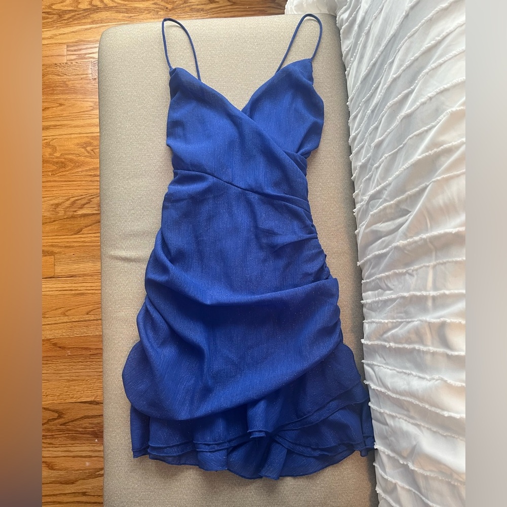 NWOT Lucy in the Sky Royal Blue Sparkly Ruched V-Neck Mini Dress